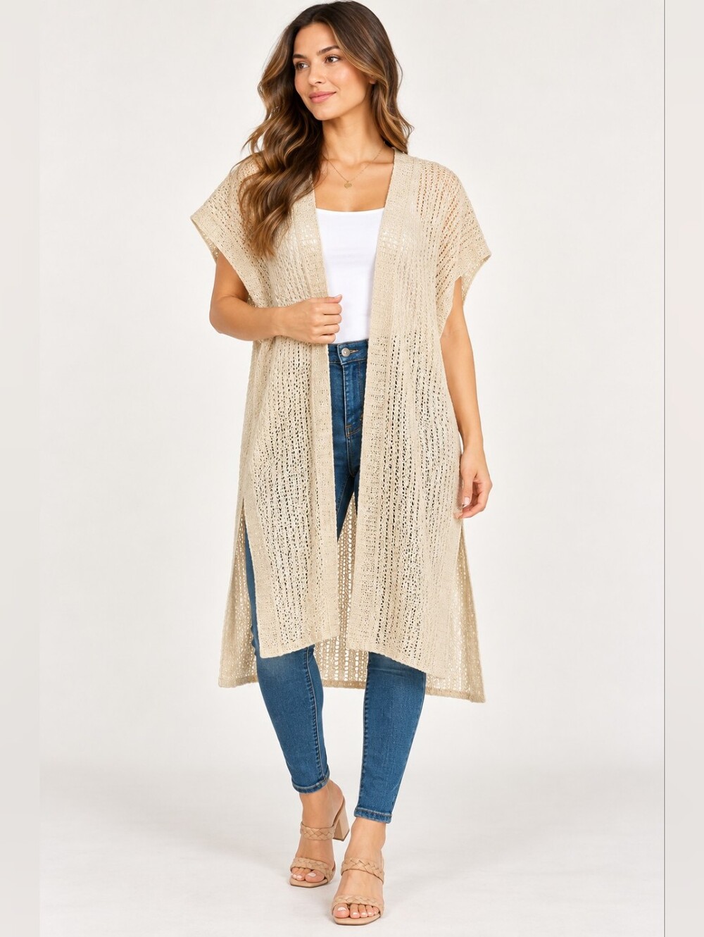 Steve Madden Beige Open-Weave Long Duster Cardigan